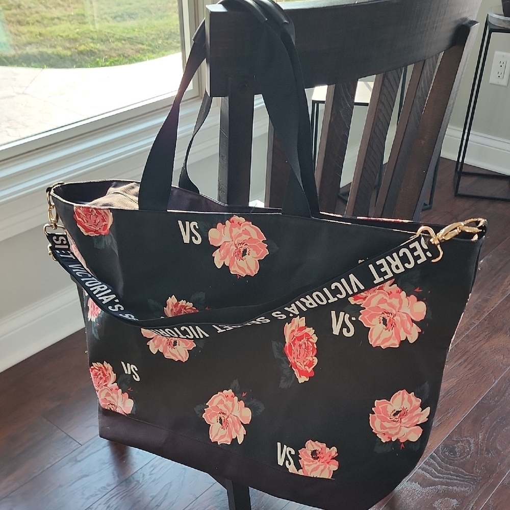 Victoria's Secret Black Tote with Pink Floral Design B2